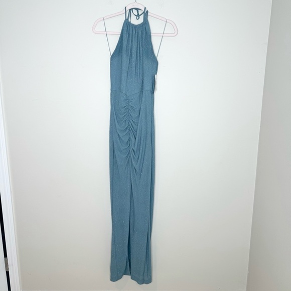 NWT Aidan by Aidan Mattox Metallic Knit Halter Gown Sage Size 2 - Picture 2 of 6